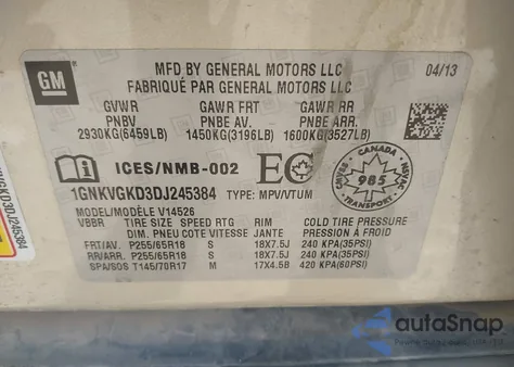 2013 Chevrolet Traverse 1Lt from USA, damaged, VIN 1GNKVGKD3DJ245384